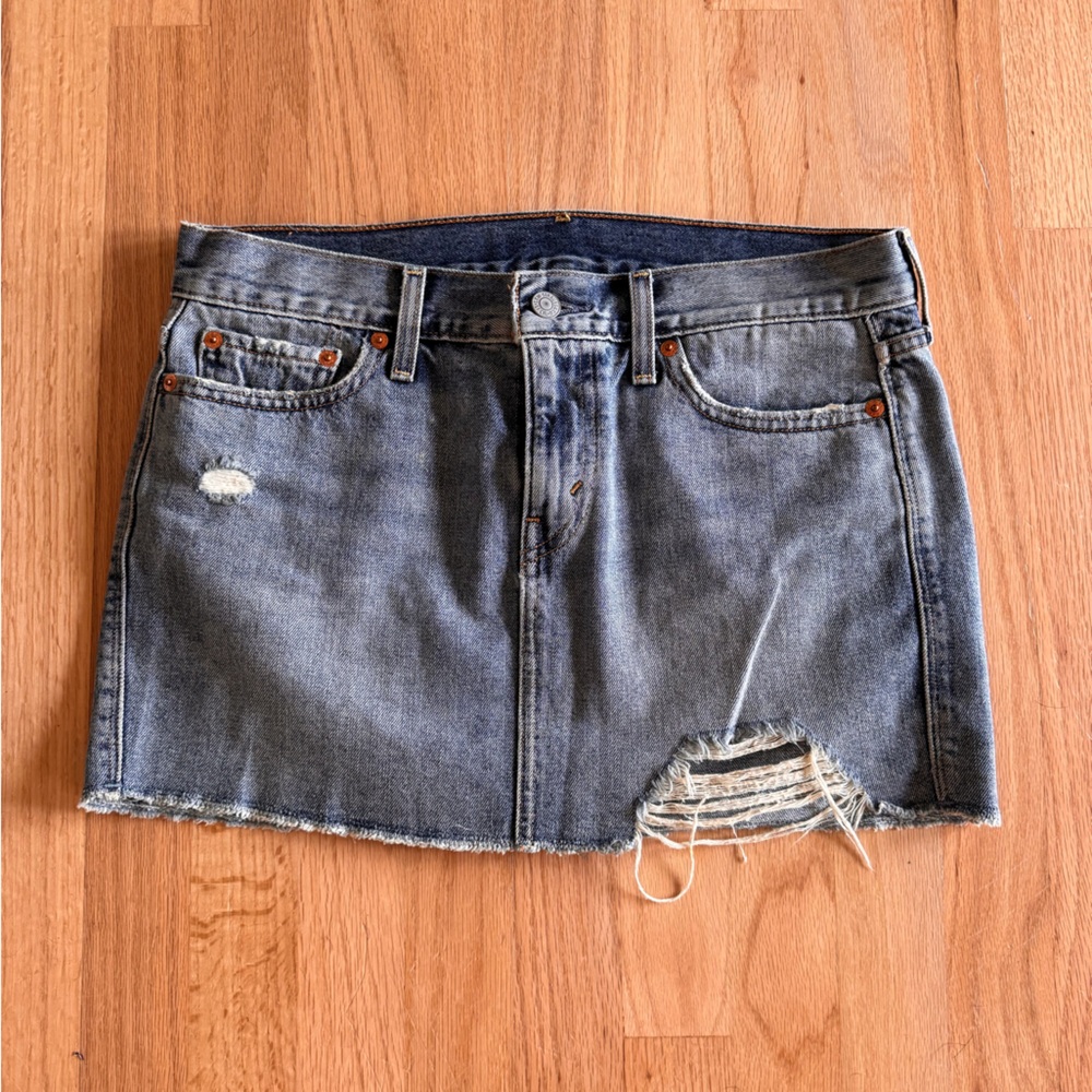 Distressed Denim Mini Skirt - Medium Blue